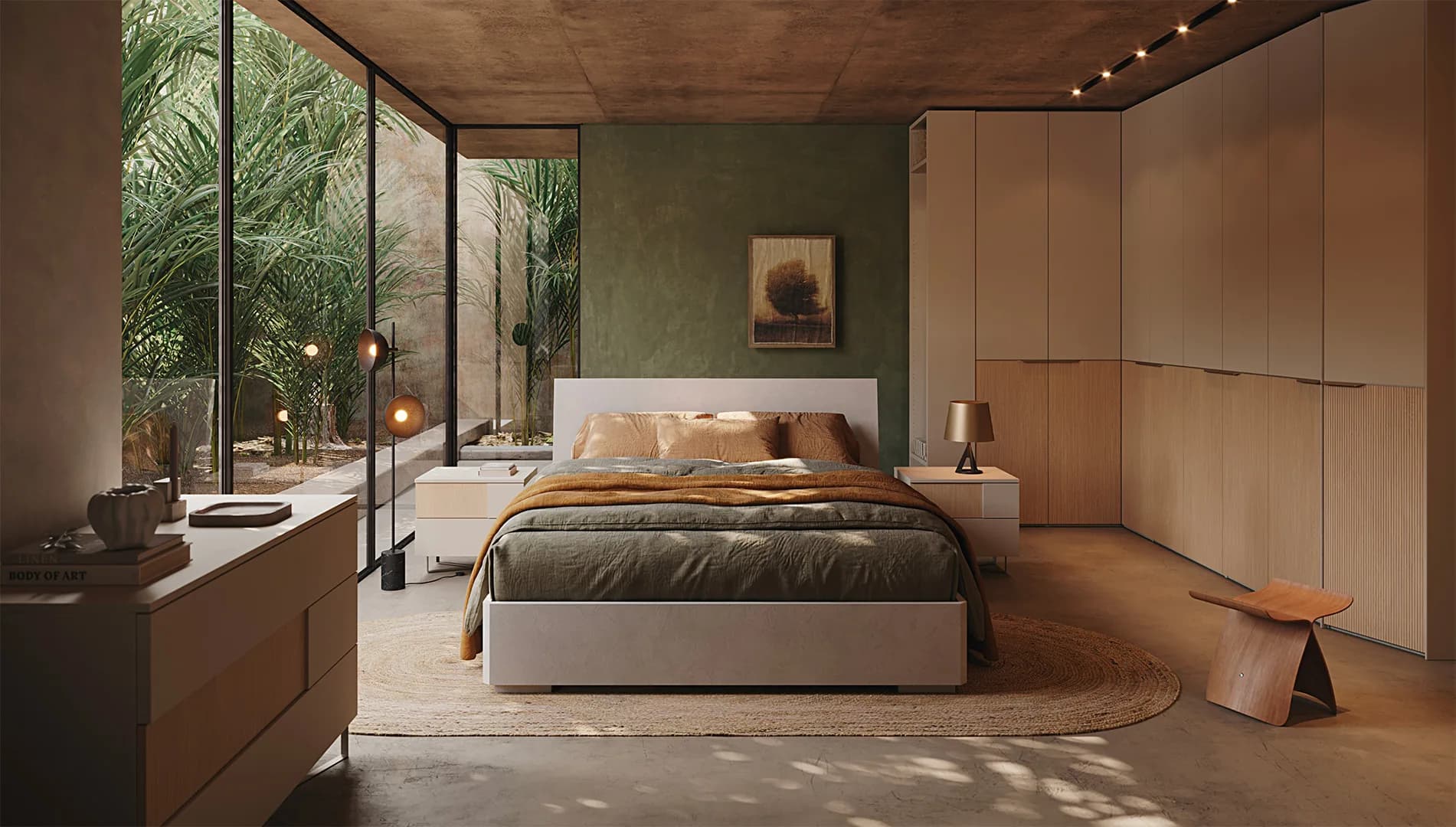 Camera da letto, verde e legno con vista giardino