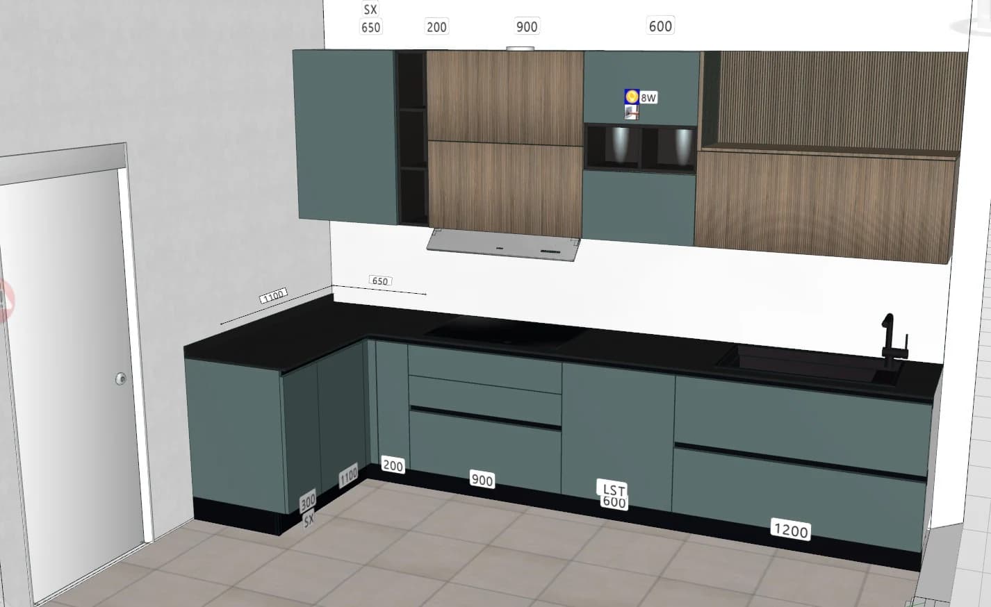 Progettazione tecnica di una cucina, vista con quote e misure