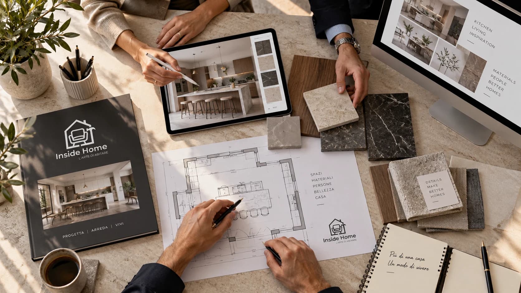 Progettazione di un ambiente Inside Home: planimetria, materiali e moodboard sul tavolo di lavoro