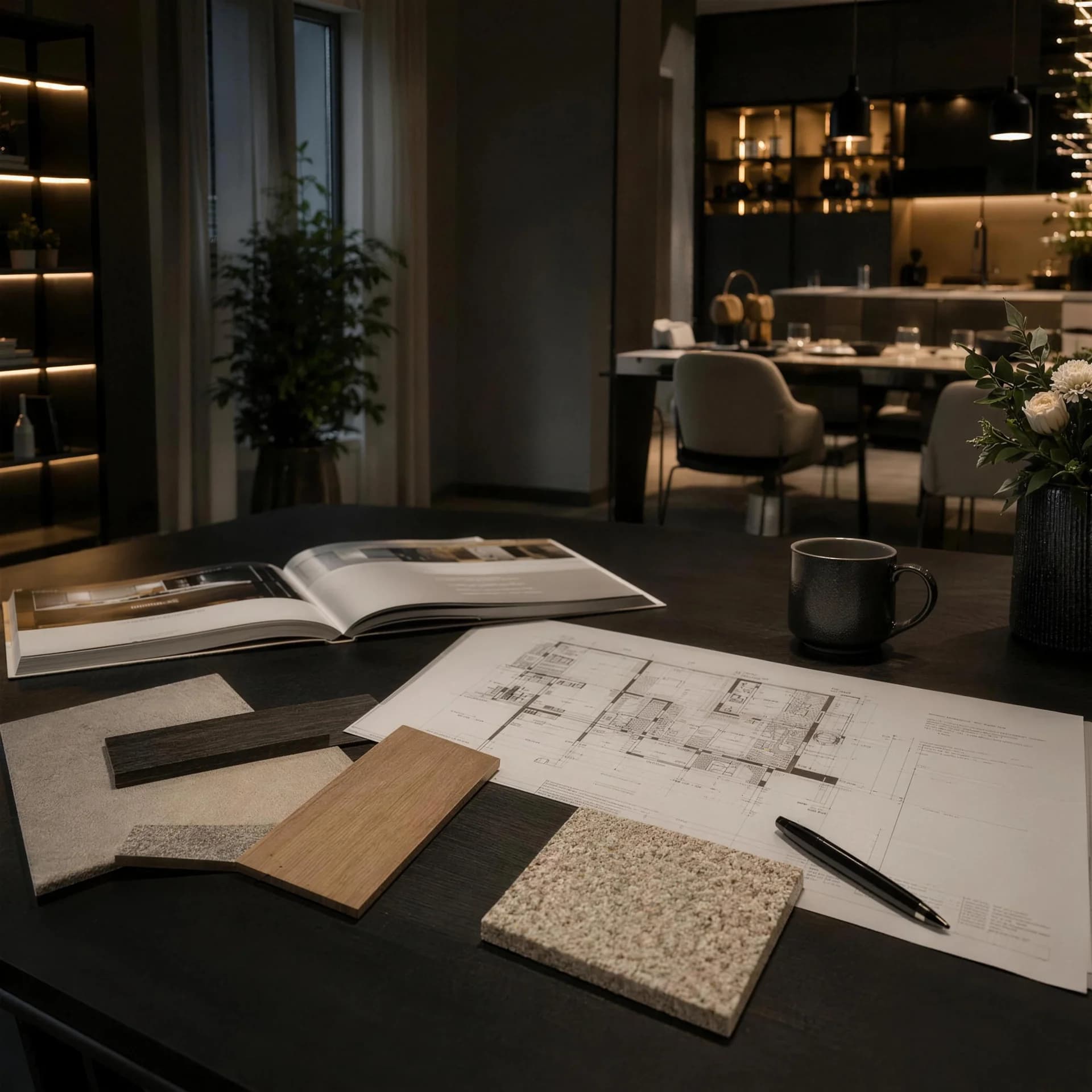 Tavolo di lavoro Inside Home con materiali e planimetria