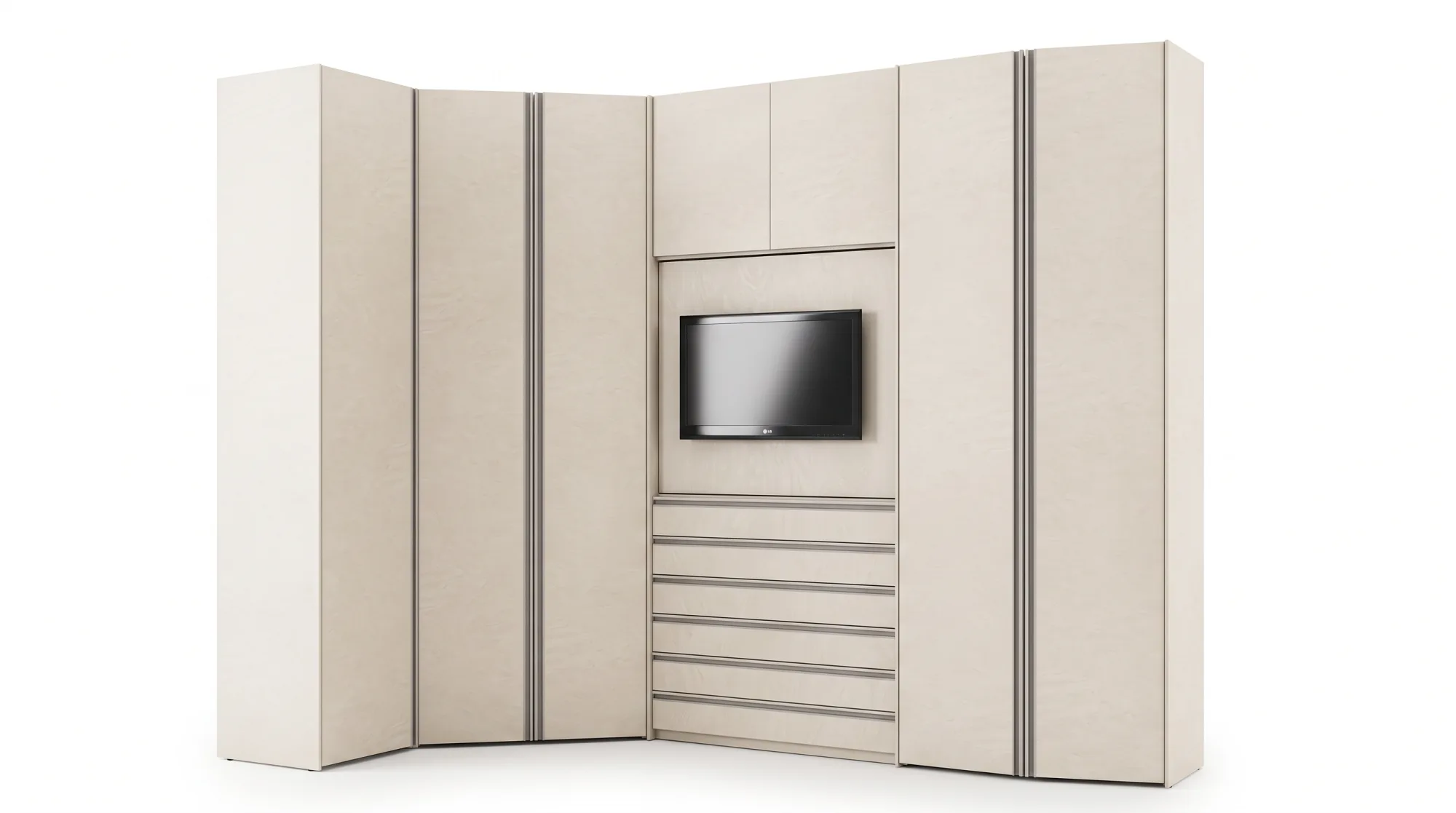 Armadio angolare 224 x 320, vano TV e cassettiera
