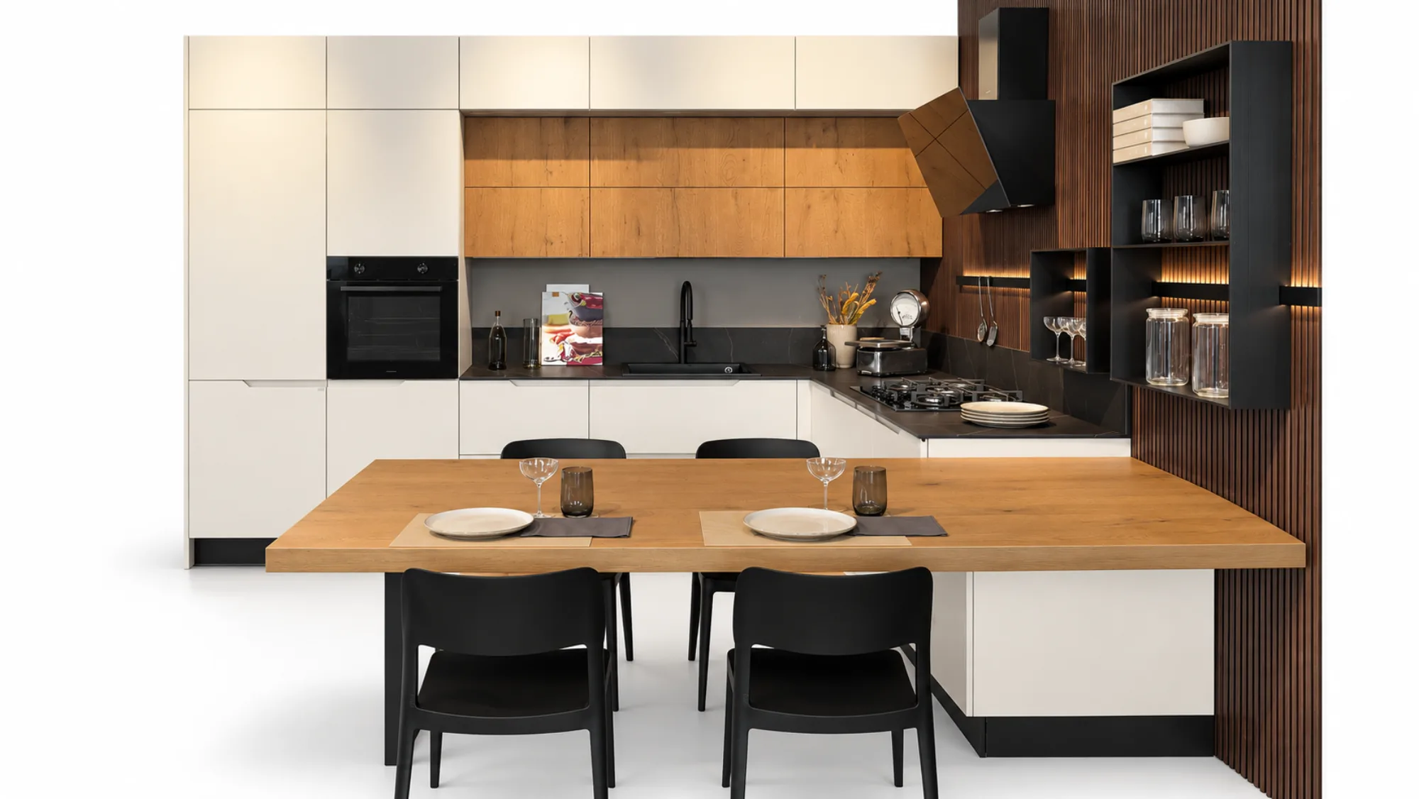 Cucina Luna con pensili Brera Cucine LUBE, vista frontale su sfondo bianco