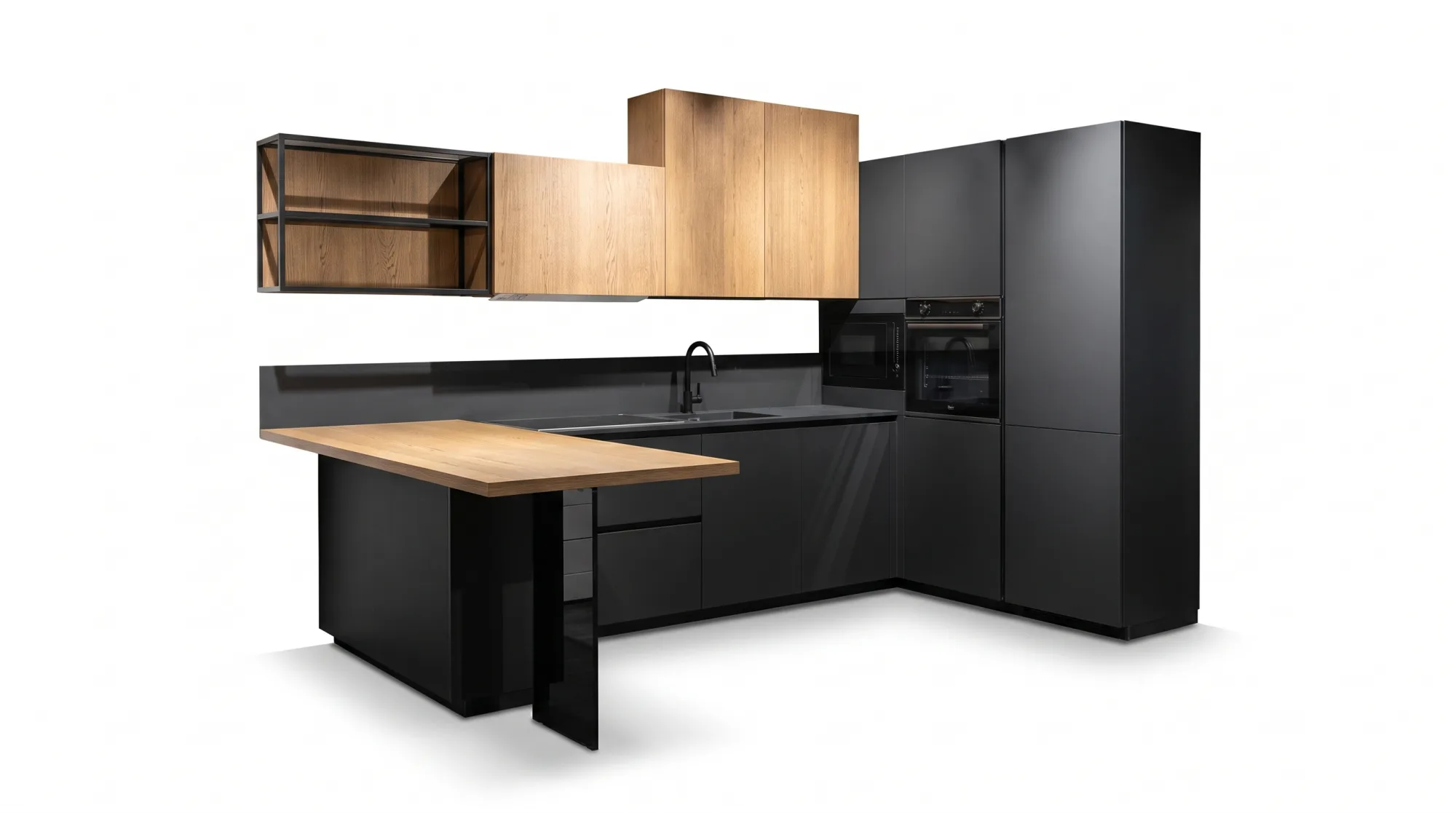 Cucina Tablet Nera Creo Kitchens, ante nero e legno