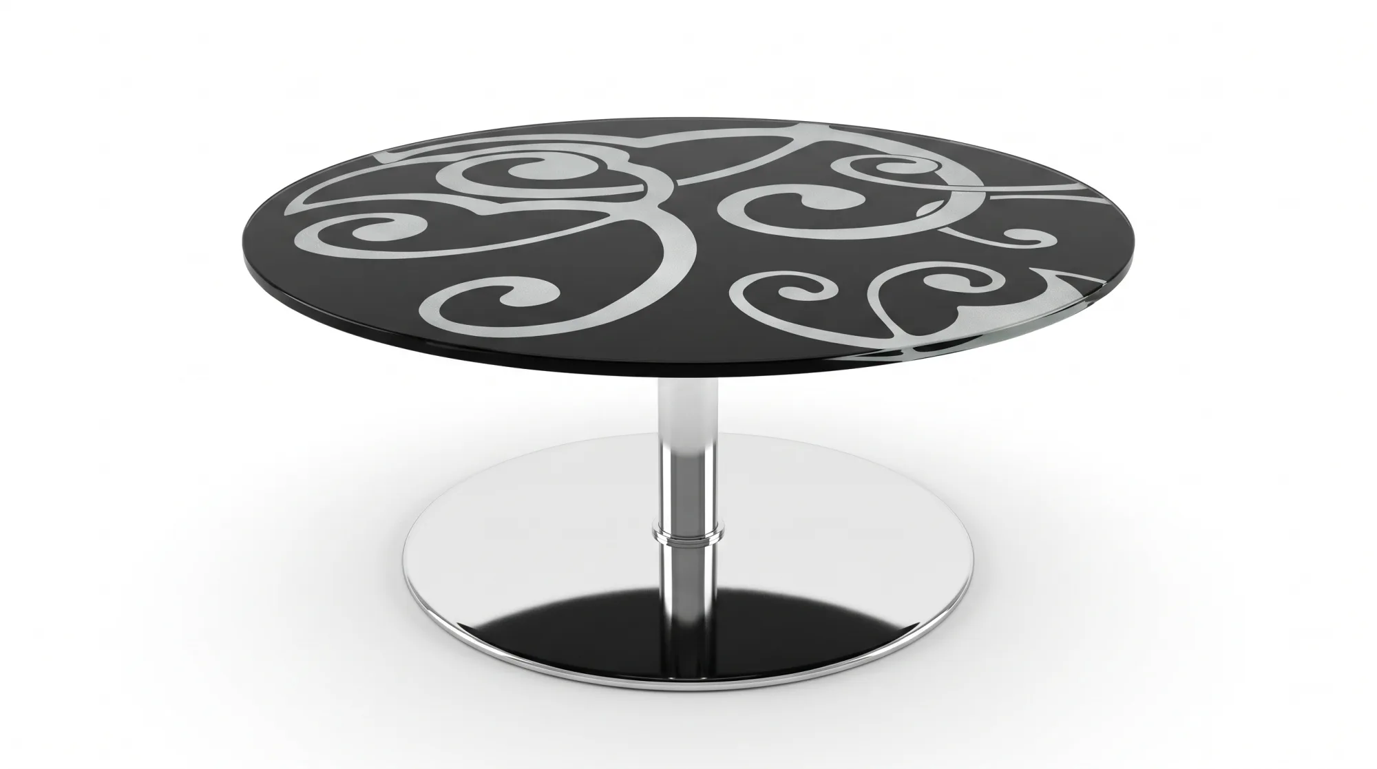 Tavolino rotondo, piano in vetro nero decorato