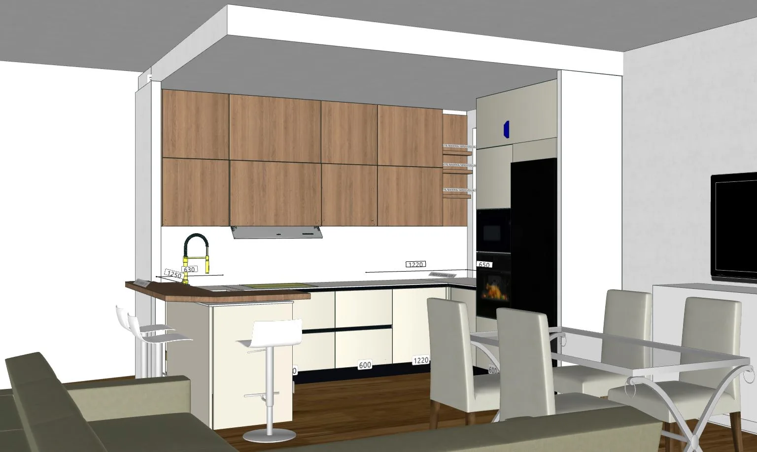 Progetto 3D della cucina con penisola e colonna forno, Torino