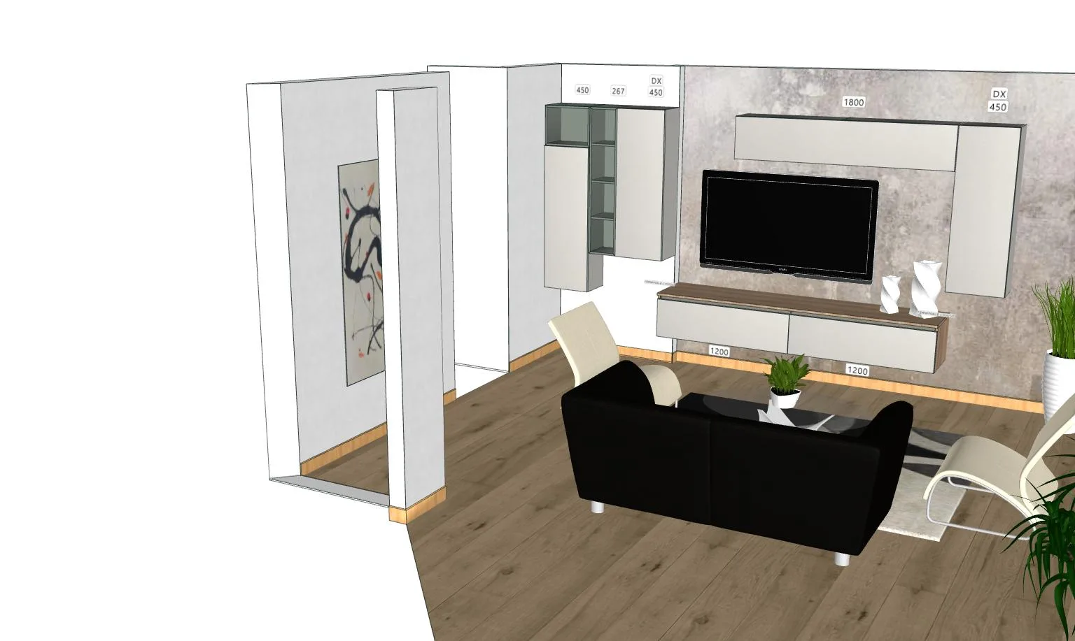 Progetto 3D del soggiorno, parete attrezzata e zona living, Moncalieri