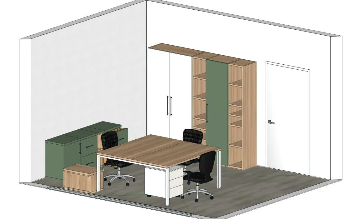 Progetto 3D dell'ufficio con doppia postazione e parete contenitiva, Nichelino